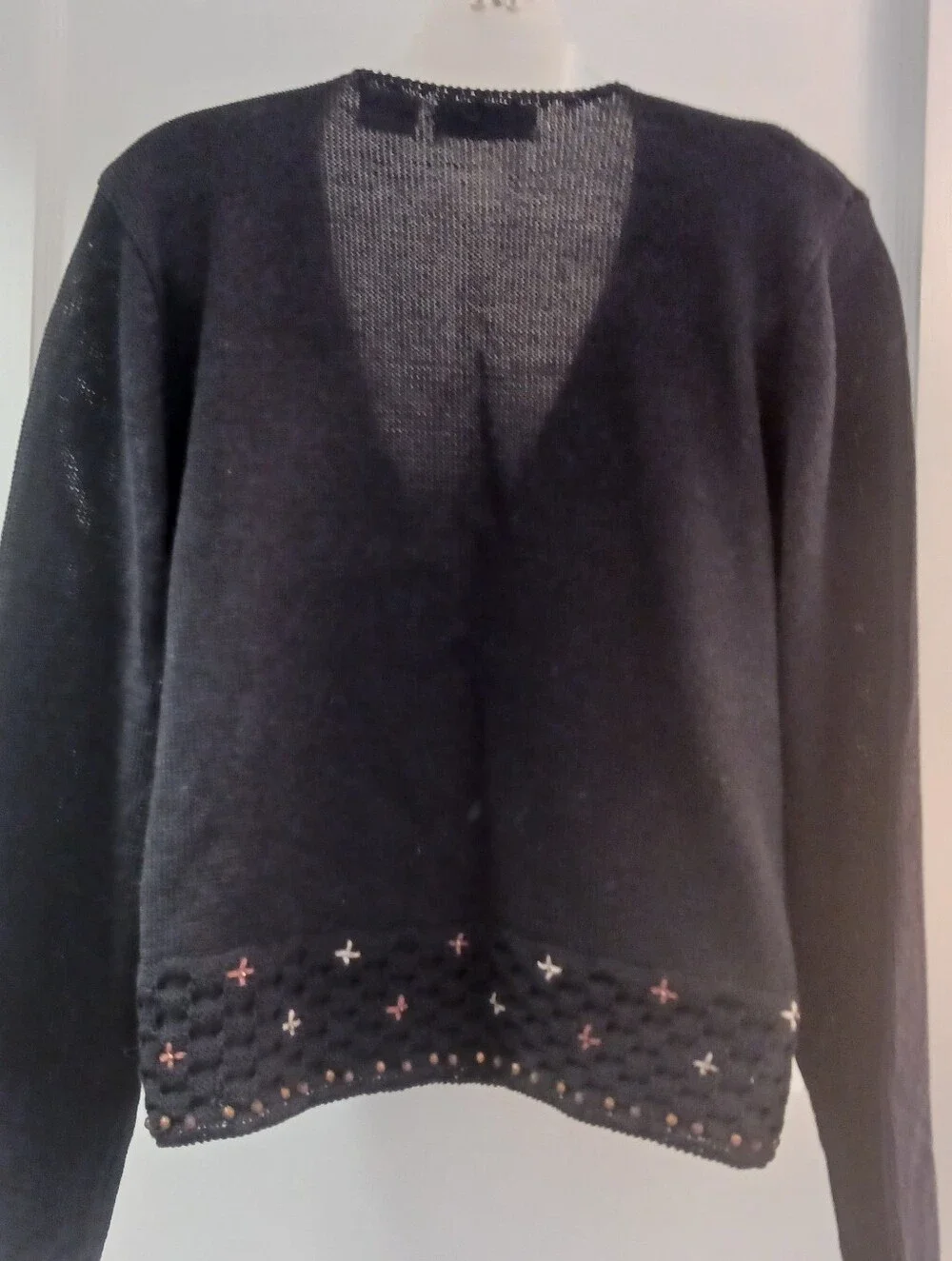 Black Beaded V-Neck Women's Cardigan Sweater